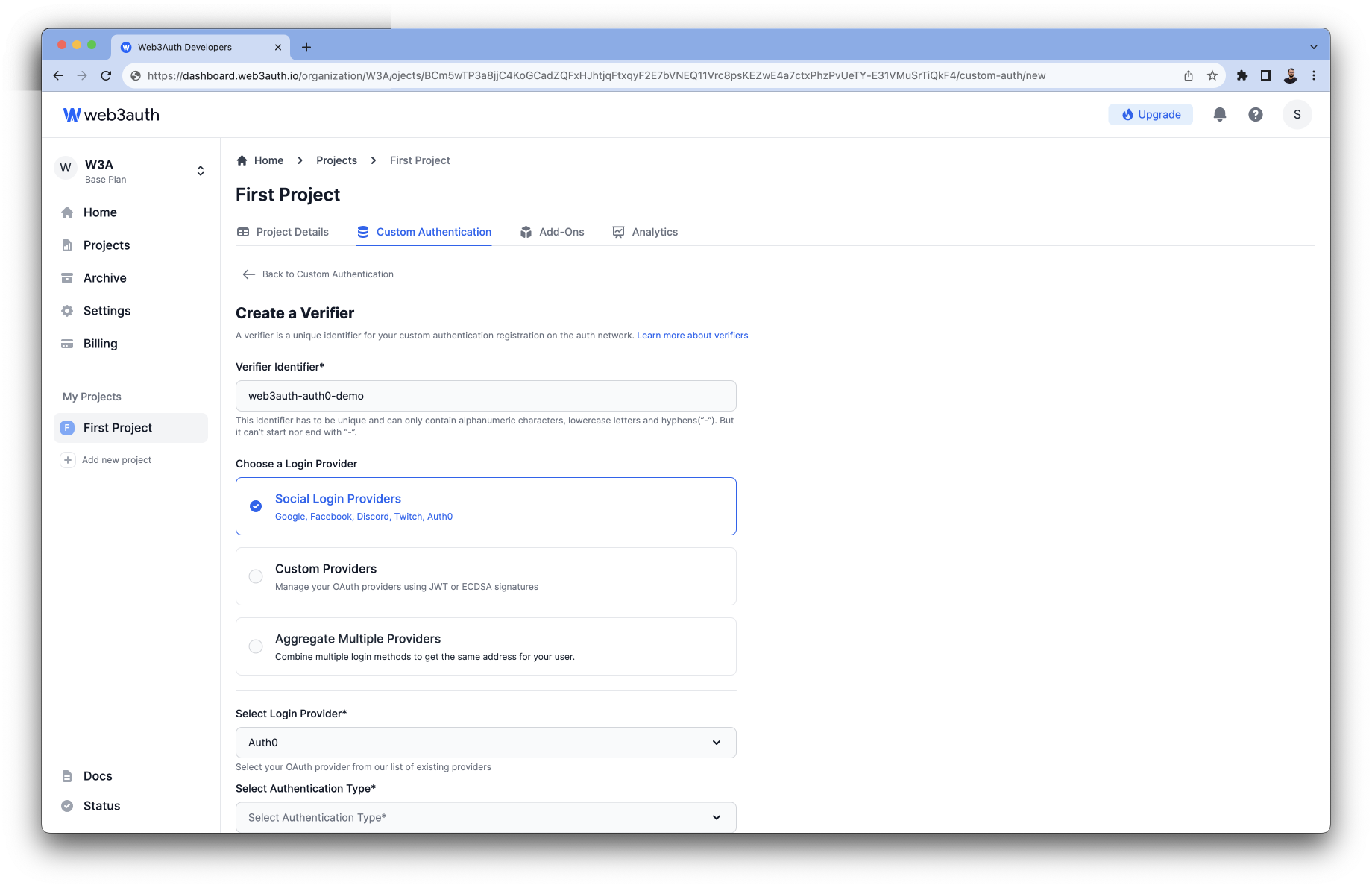 Microsoft - Login Providers list on Web3Auth Dashboard